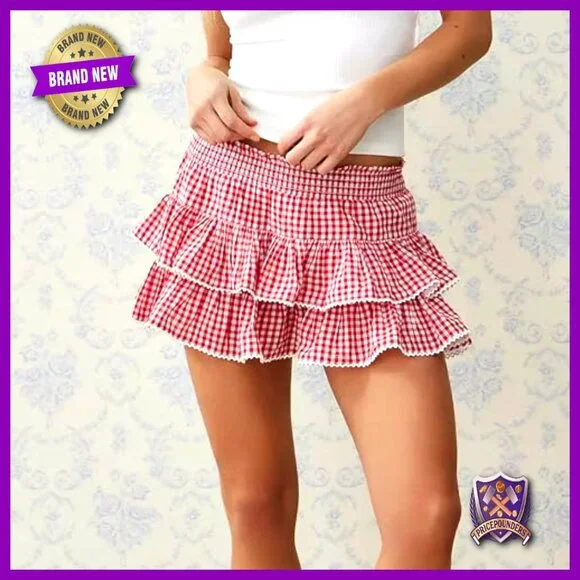 Gingham Mini Skirt Elastic Waist Ruffle Layered Plaid Y2K Retro Chic - Picture 3 of 5